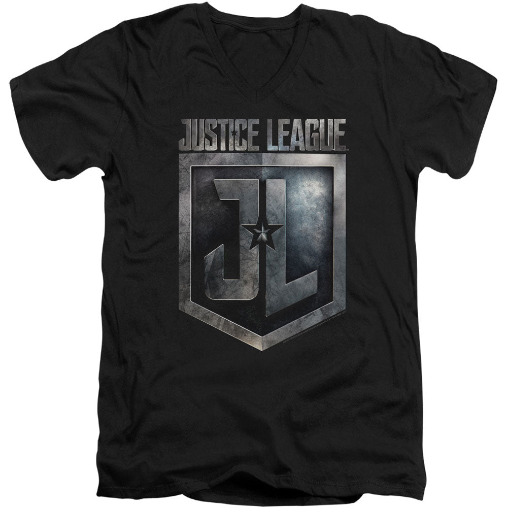 Justice League Shield Logo Adult V-Neck Slim Fit T-shirt Front