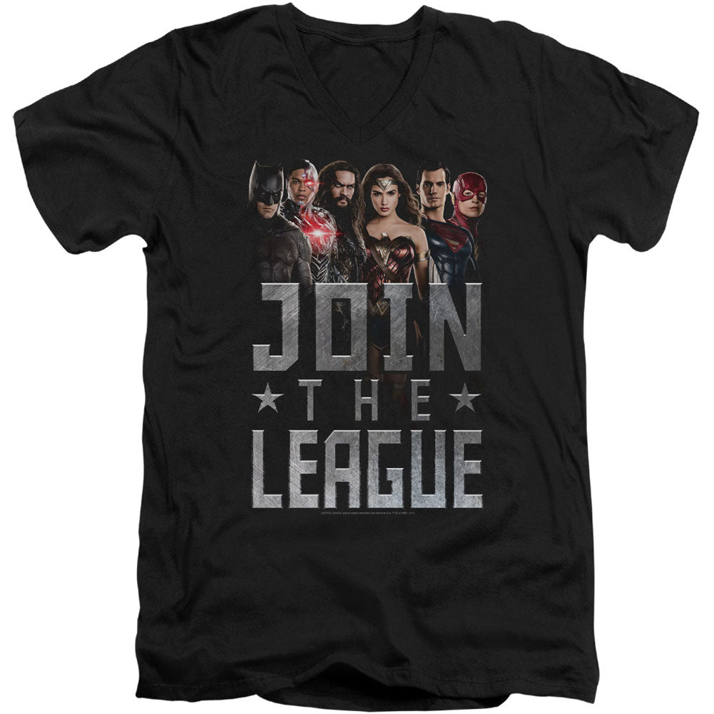 Justice League Join The League Adult V-Neck Slim Fit T-shirt Front