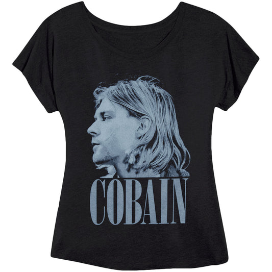 Nirvana Cobain Profile Sheer Black With X-tra Wide Scoop Neck Dolman Baby Doll Junior Top