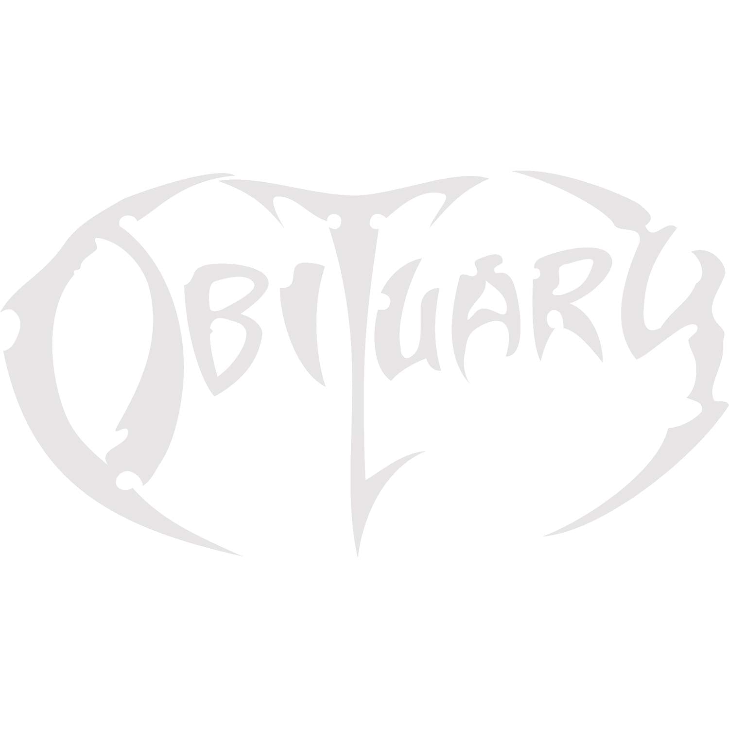 Obituary Vinyl Cut logo (White) Peel & Rub Sticker Front