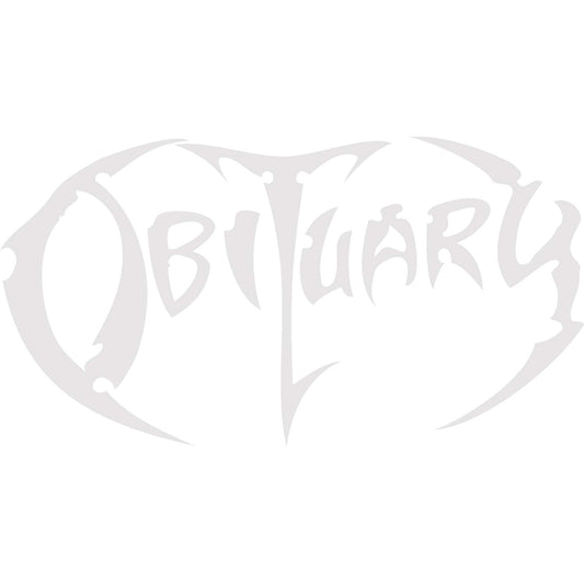 Obituary Vinyl Cut logo (White) Peel & Rub Sticker Front