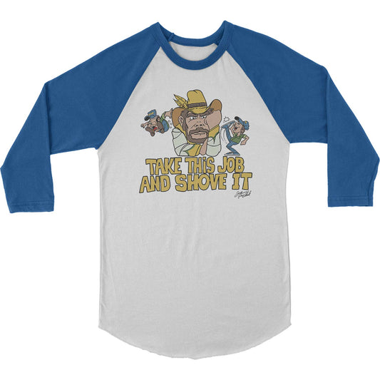 Johnny Paycheck Take This Job Raglan (White/Royal) Baseball Jersey Front