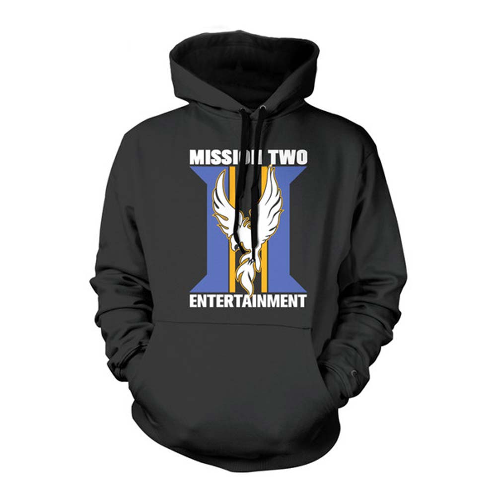 Mission Two Entertainment M2 Logo on Black Hooded Sweatshirt Front