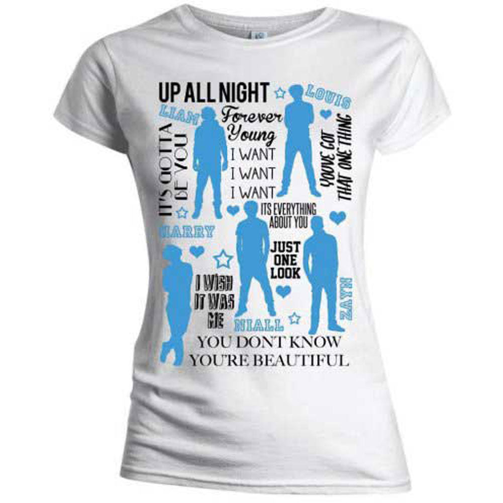 One Direction Silhouette Lyrics Blue on White (Skinny Fit) Ladies T-Shirt Junior Top Front