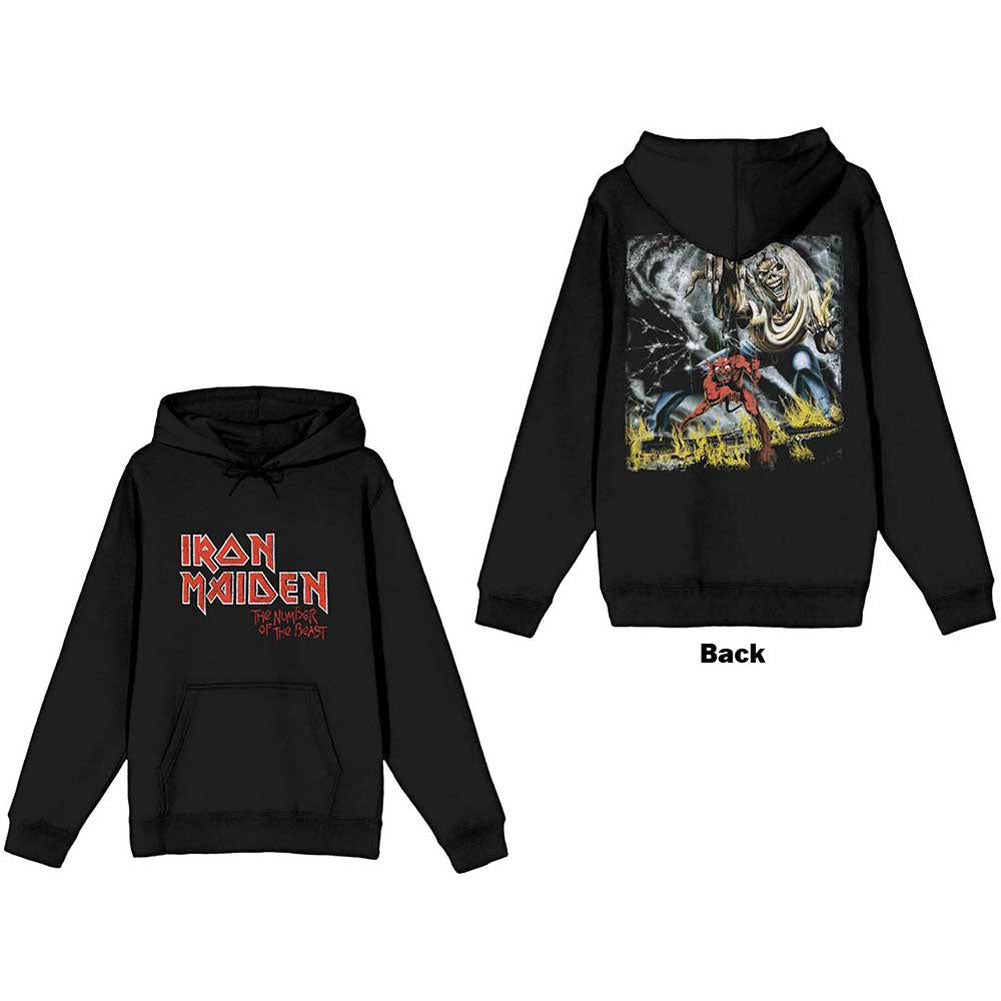 Iron Maiden Number of the Beast Vintage Logo Faded Edge Album (Back Print) Hooded Sweatshirt Front