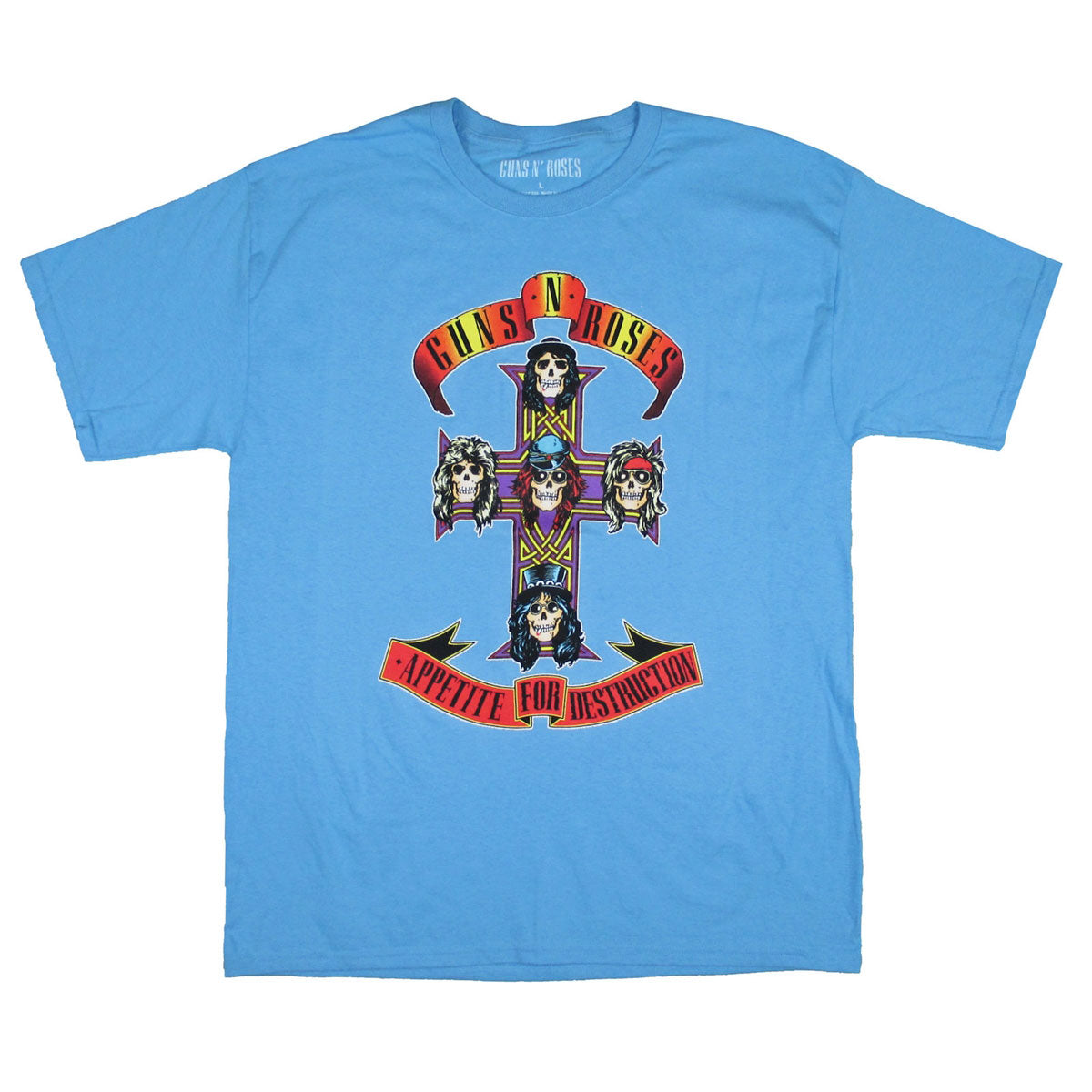 Guns N Roses Colored Cross on Aqua Blue Tee T-shirt