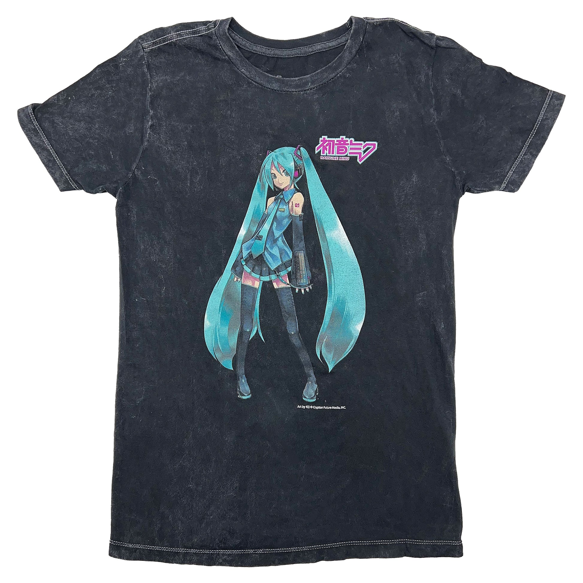 Hatsune Miku Black Mineral Wash Body Tee With Large Front Print Tie Dye T-shirt Front