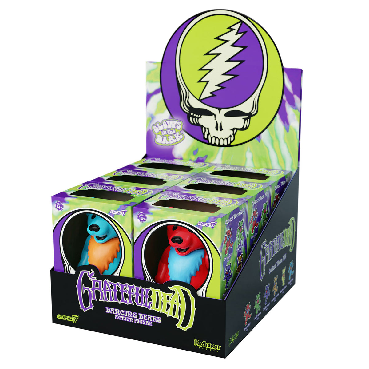 Grateful Dead Super7 Dancing Bears (Glow) ReAction Figures Box Flat (6 Figures) Action Figure Front