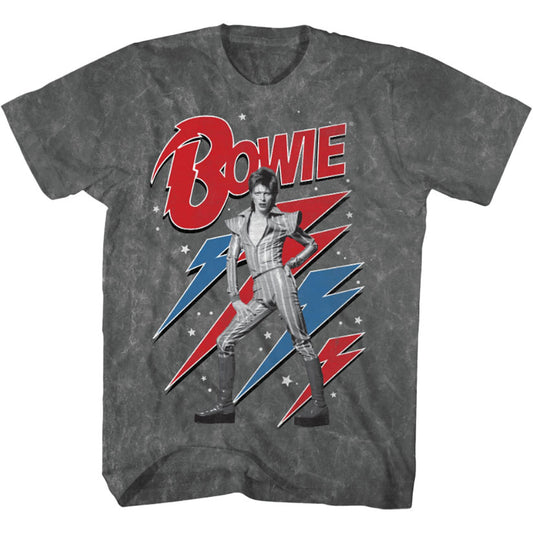David Bowie Lightning Bolt Americana Charcoal Mineral Wash Tie Dye T-shirt Front