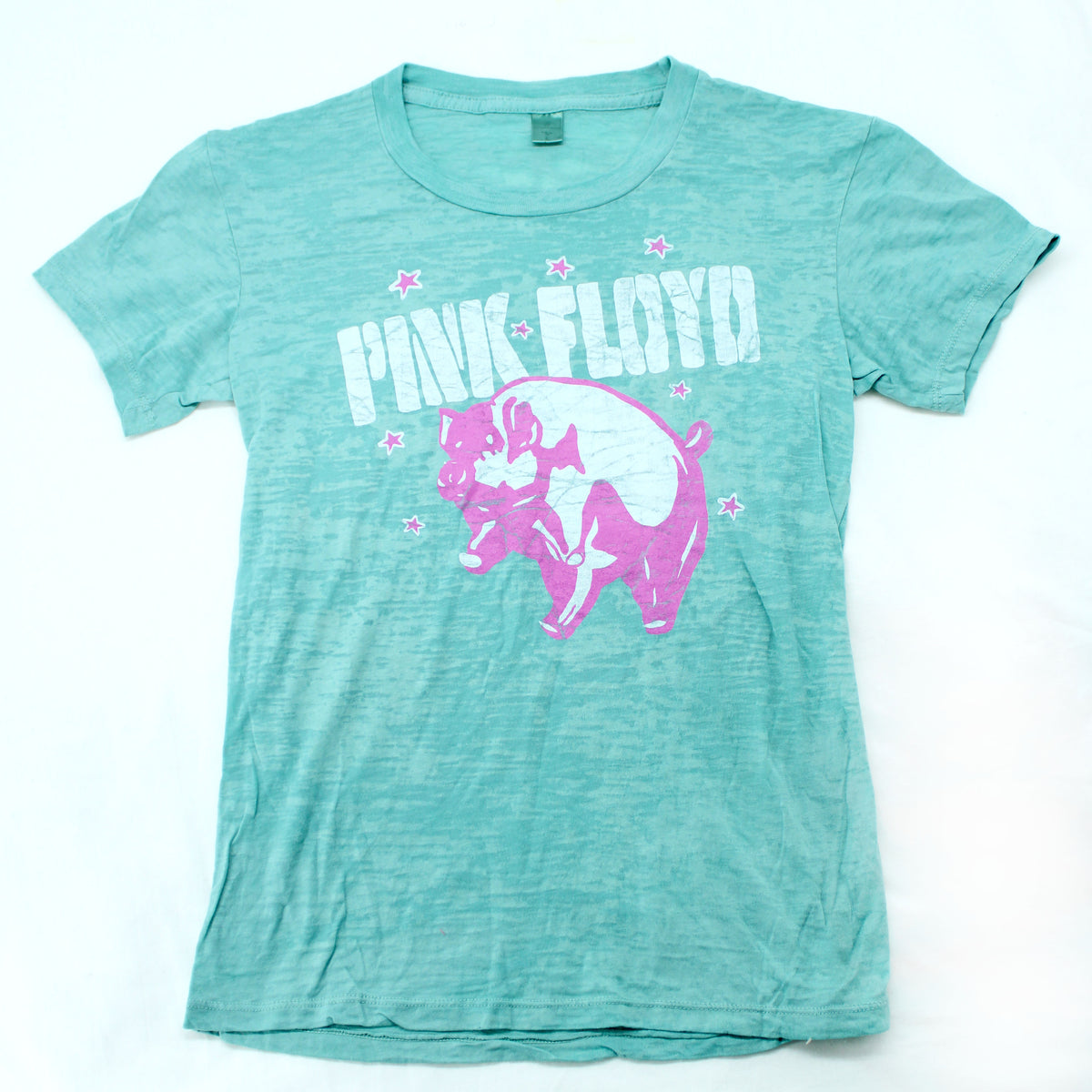 Pink Floyd Vintage Distressed Pink & White Flying Pig With Stars & Logo Junior Top Front