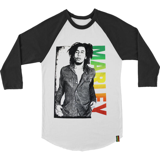 Bob Marley Waist Up Boxed Photo Of Bob With Vertical Marley Logo Baseball Jersey Front
