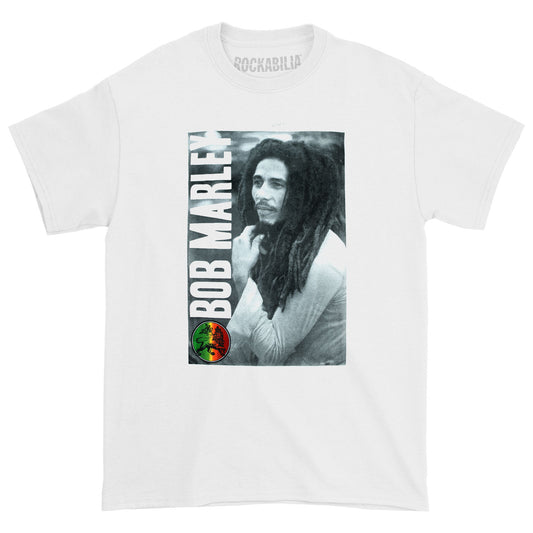 Bob Marley Boxed Hand On Chin Photo & Vertical Logo T-shirt Front