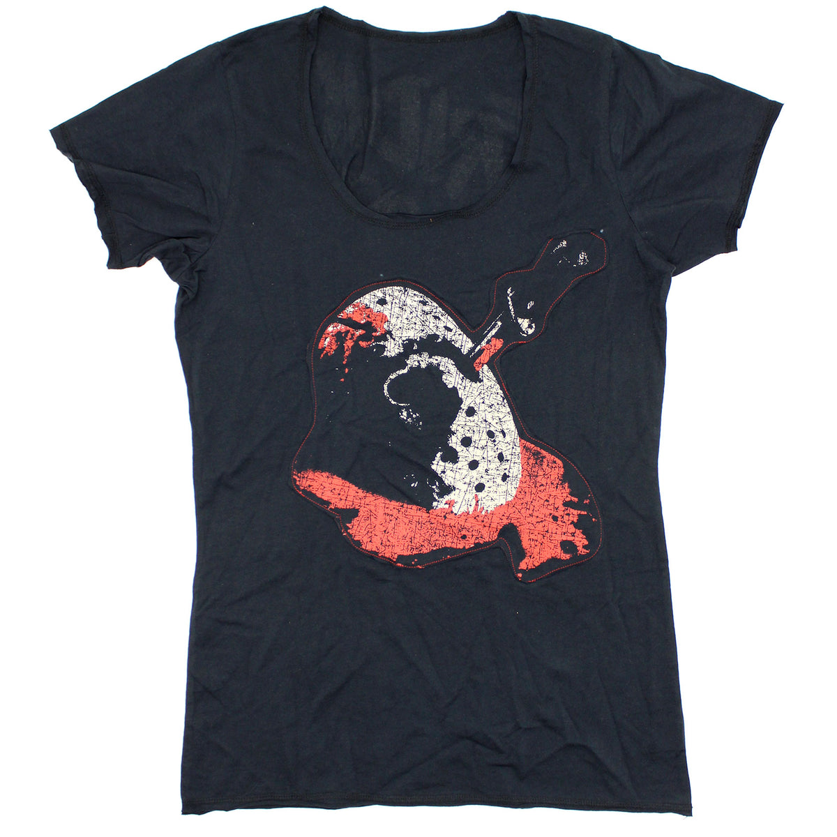 Friday The 13th Jason Voorhees Hockey Mask Applique Vintage Tee With Cut Scoop Neck Junior Top Front