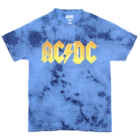 AC/DC Vintage Distressed Shiny Logo On Blue Tie Dye T-shirt