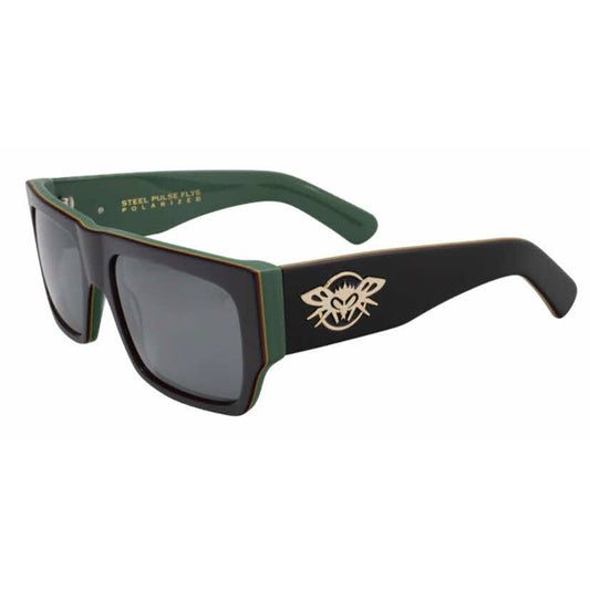 Steel Pulse Black Flys Collab Sunglasses Matte Black-Rasta w/ Smoke Polarized Lens Sunglasses