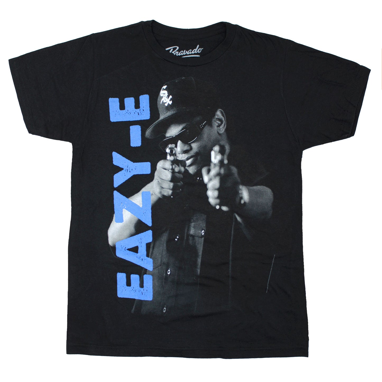 Blue Vertical Logo & Black & Grey Pointing Gun Photo T-shirt