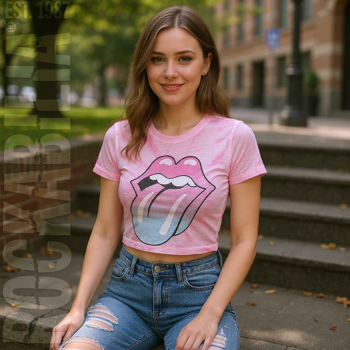 Pink Gradient Tongue Ladies Mesh Crop Top Junior Top