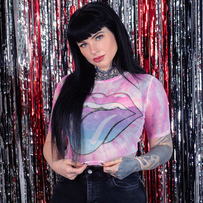 Pink Gradient Tongue Ladies Mesh Crop Top Junior Top