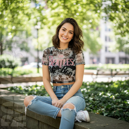 All Over Print & Drop T Logo Ladies Mesh Crop Top Junior Top