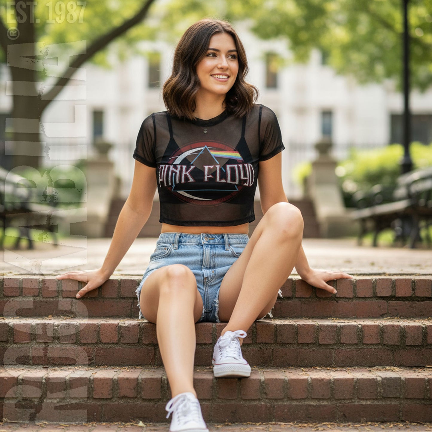 Pink Floyd Vintage Dark Side Of The Moon Seal Ladies Mesh Crop Top Junior Top Alt 2