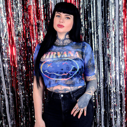 Pastel Happy Face Ladies Mesh Crop Top Junior Top