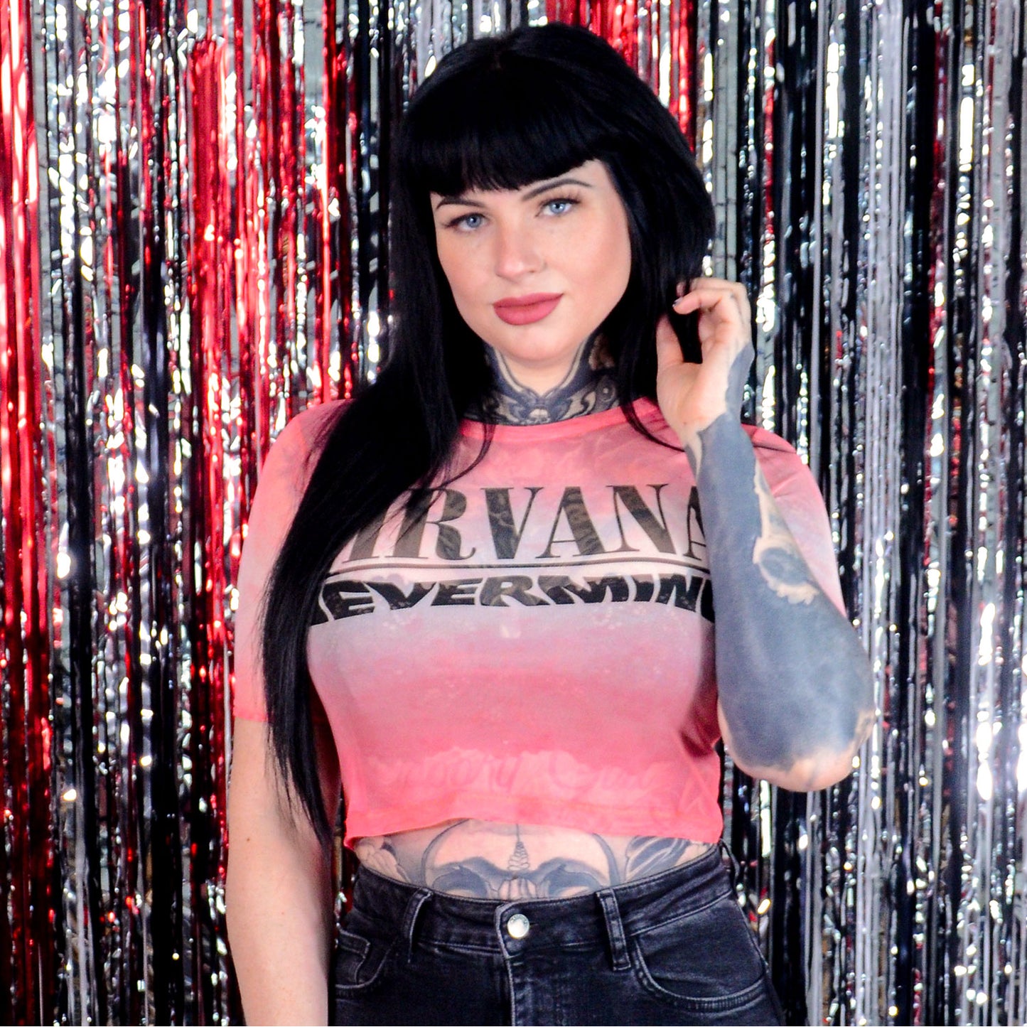 Nevermind Wavy Logo Ladies Mesh Crop Top Junior Top