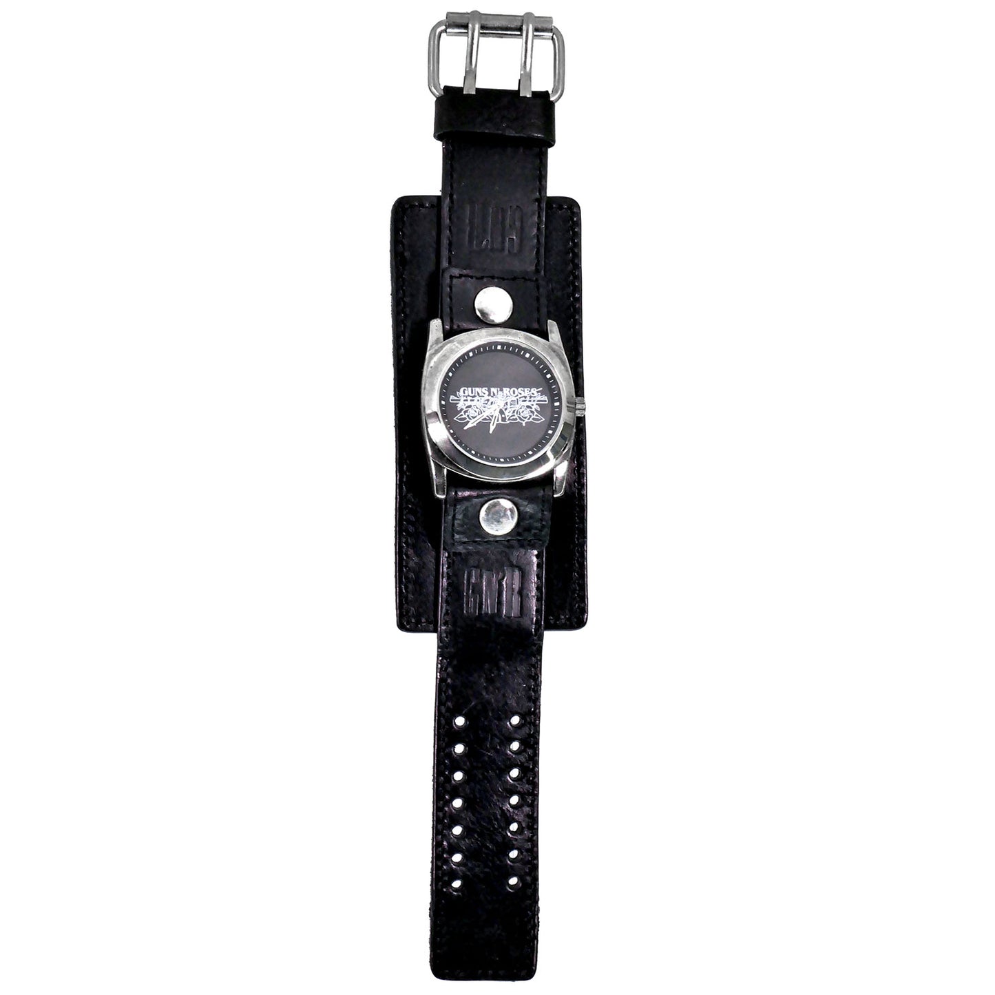 Leather Band Wrist Watch Triple Wide Silver Rings