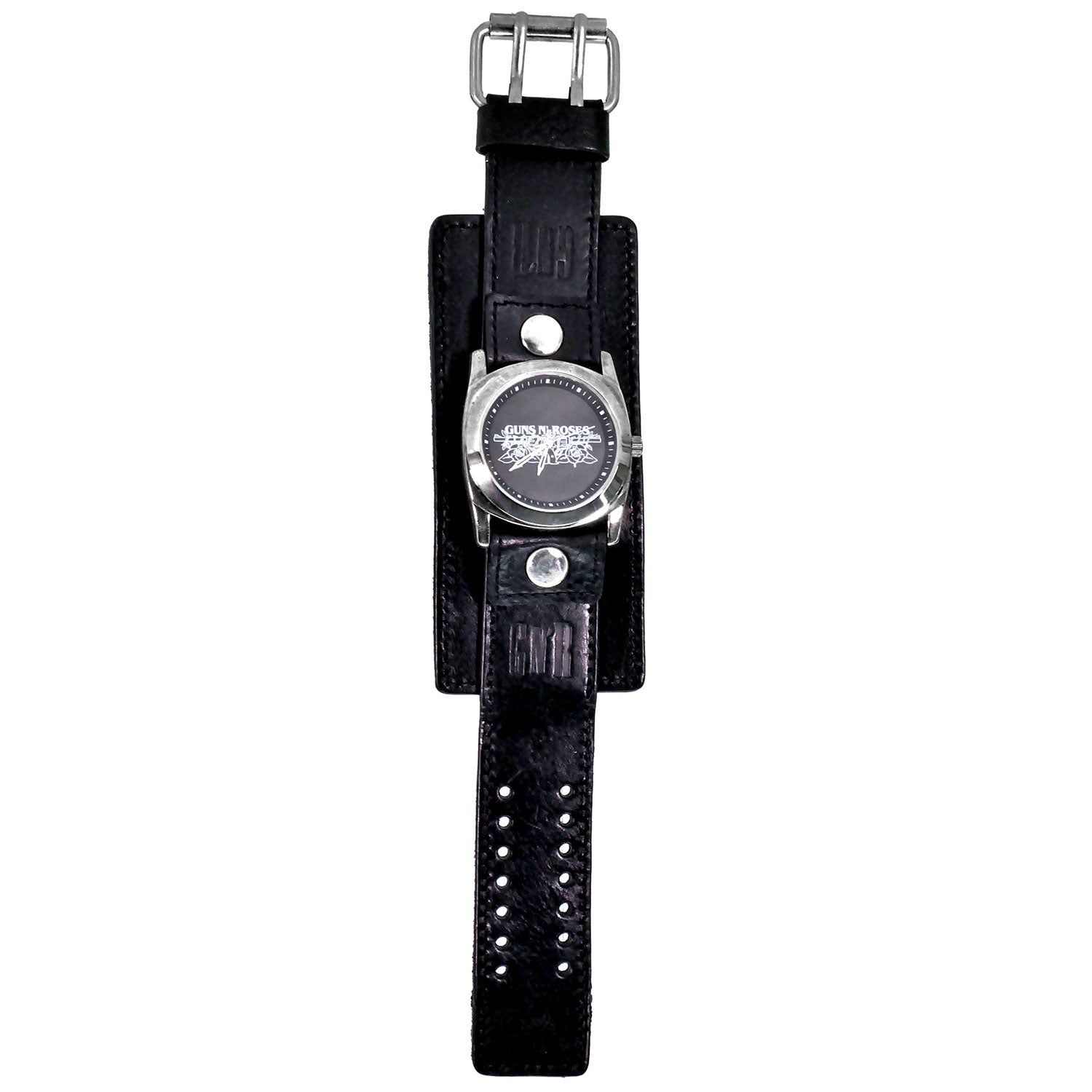 Leather Band Wrist Watch Triple Wide Silver Rings