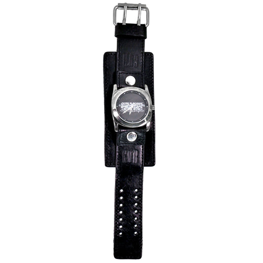 Leather Band Wrist Watch Triple Wide Silver Rings
