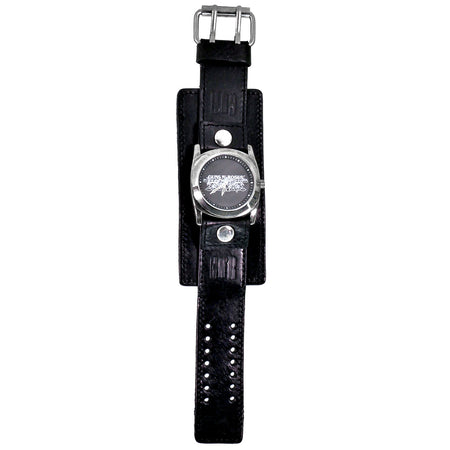 Leather Band Wrist Watch Triple Wide Silver Rings
