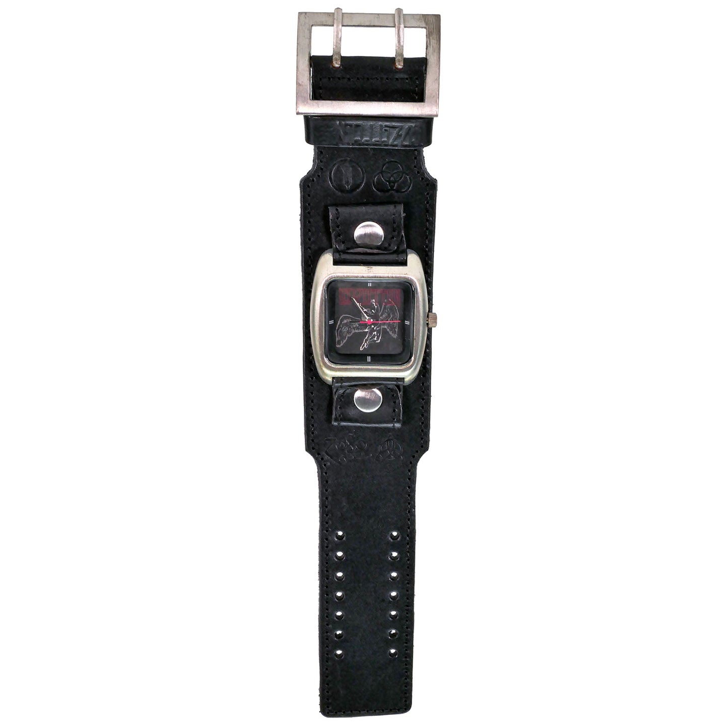 Leather Band Wrist Watch Triple Wide Silver Rings