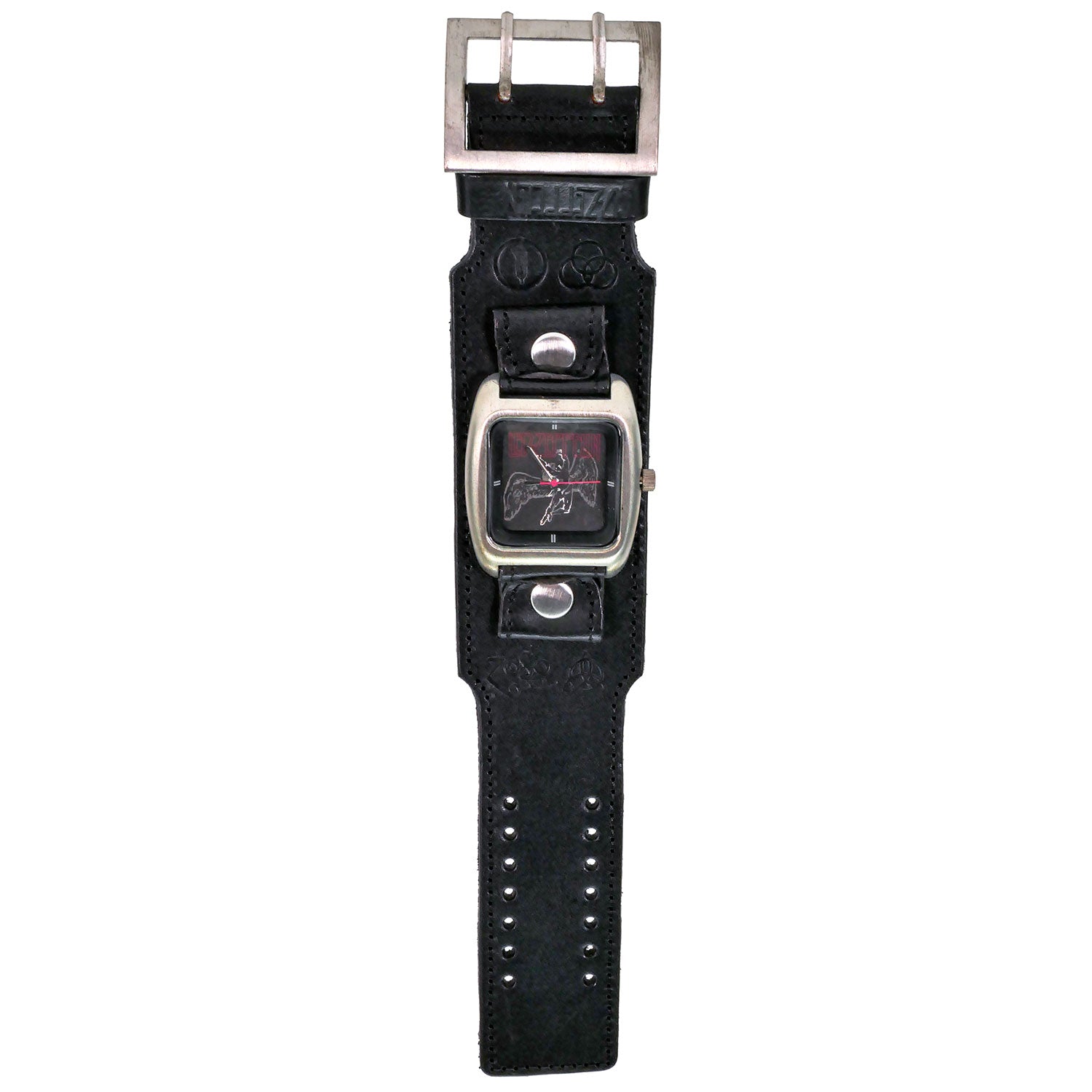 Leather Band Wrist Watch Triple Wide Silver Rings