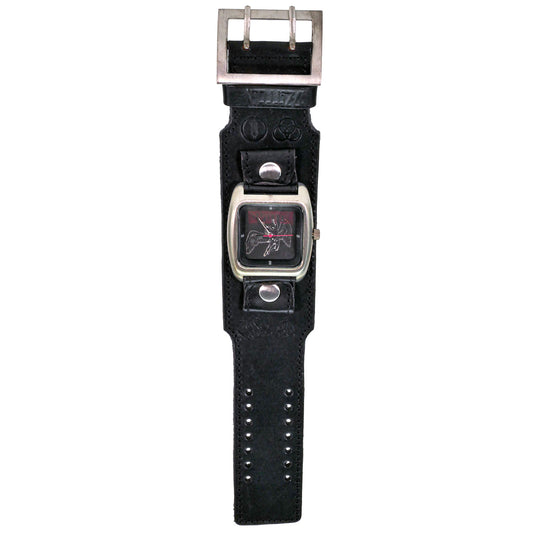 Leather Band Wrist Watch Triple Wide Silver Rings