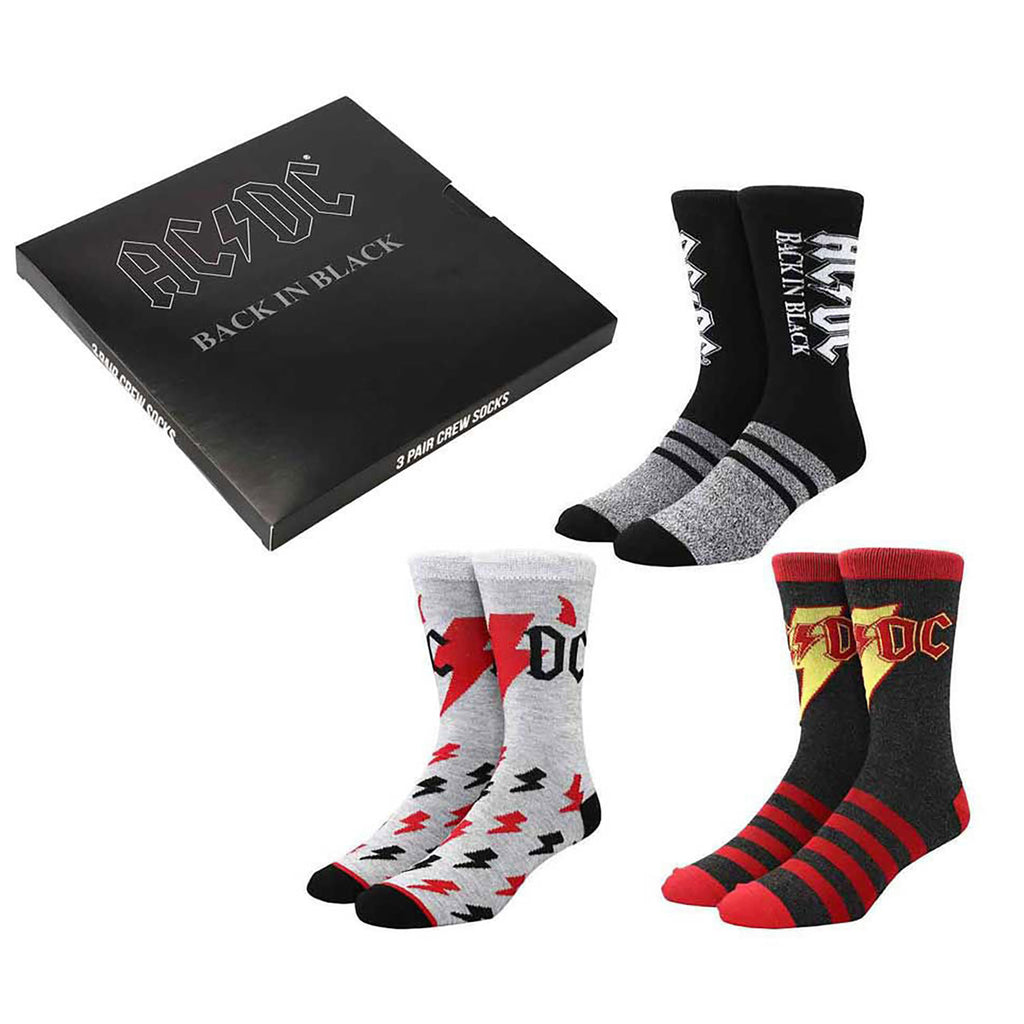 AC/DC Back in Black 3 Pair Crew Box Set Socks | AC/DC Merch Store