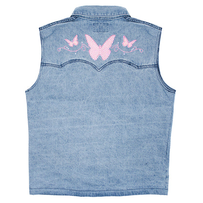 Butterfly Ebroidered Jean Vest With Rhinestones Junior Top
