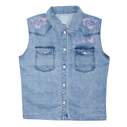Butterfly Ebroidered Jean Vest With Rhinestones Junior Top