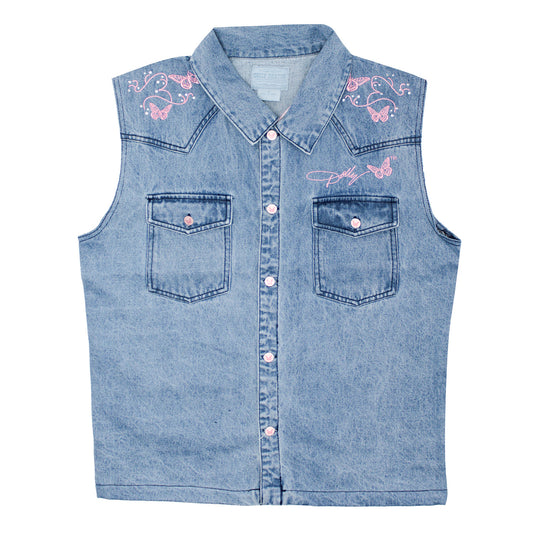 Butterfly Ebroidered Jean Vest With Rhinestones Junior Top