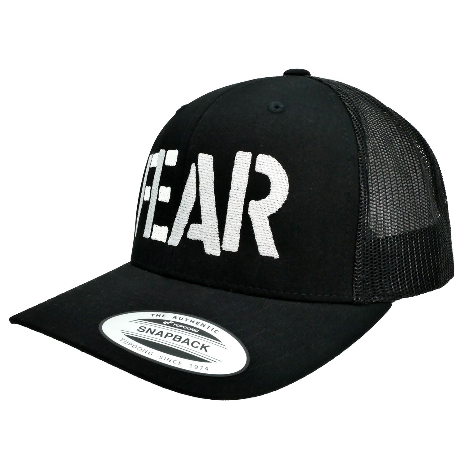 Embroidered White Logo Snapback Trucker Cap