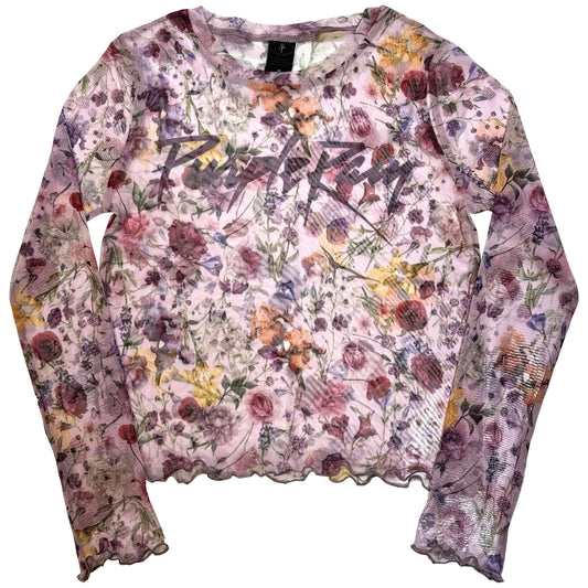 Prince Purple Rain Logo Floral Mesh Crop Top Girls Jr Front