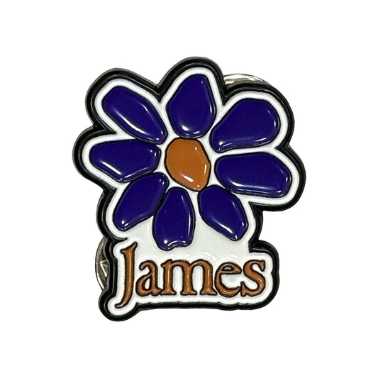 James Orange Logo Purple Daisy Pewter Pin Badge Front