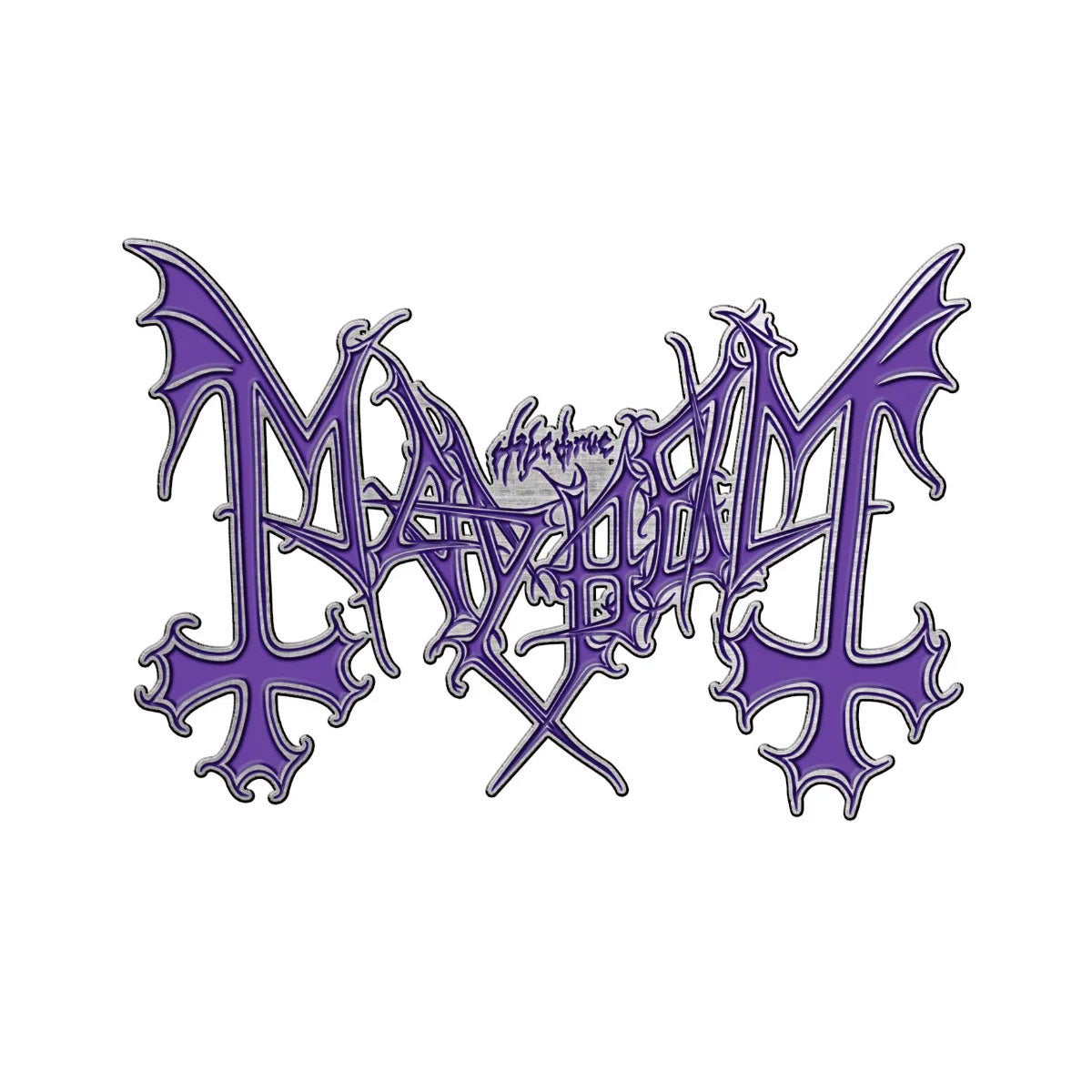 Mayhem Purple Logo Pewter Pin Badge Front