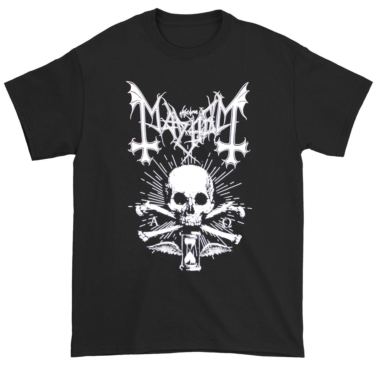 Mayhem Hourglass Skull & Crossbones T-shirt Front