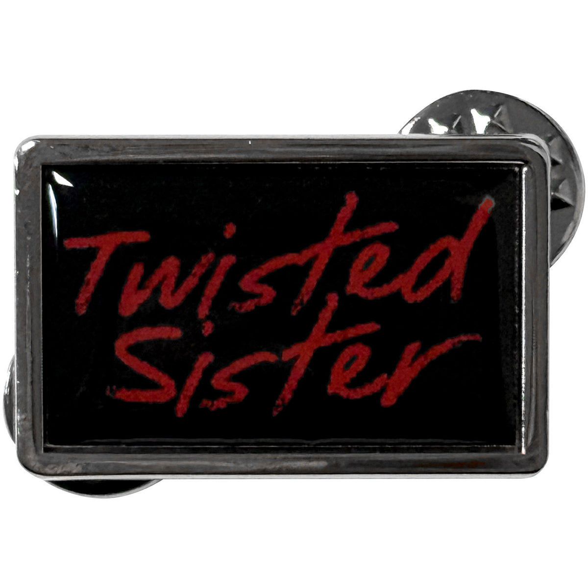 Twisted Sister Lipstick Pewter Pin Badge Front
