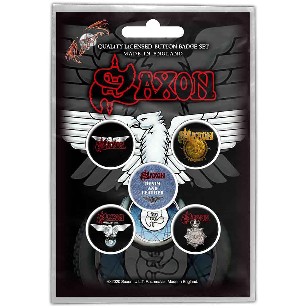 Saxon Wheels Of Steel Pewter Pin Badge Front