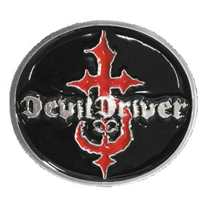 Devil Driver Round Logo Black & Red Enamel Filled Silver Buckle Belt Buckle Front