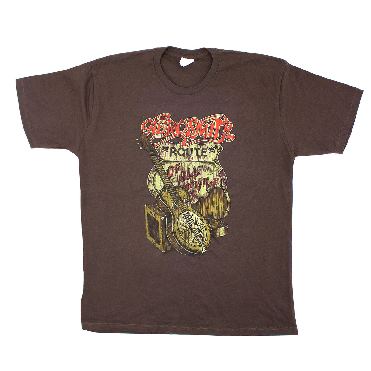 Aerosmith Route Of All Evil Highway Sign Logo With Old Guitar/Tour 2006 USA & Canada T-shirt Front