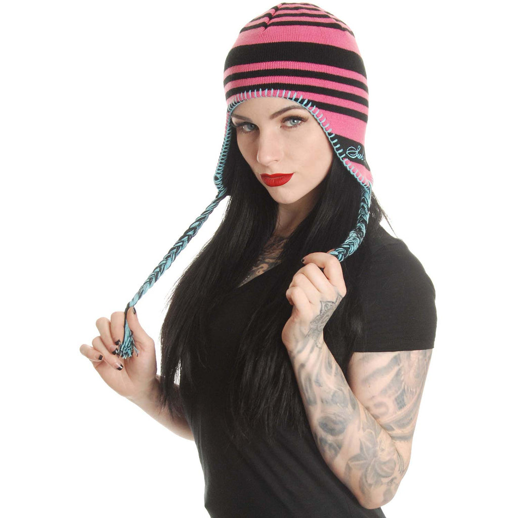 Sublime Pink/Black Striped Girls Hat w/Ear Flaps Beanie