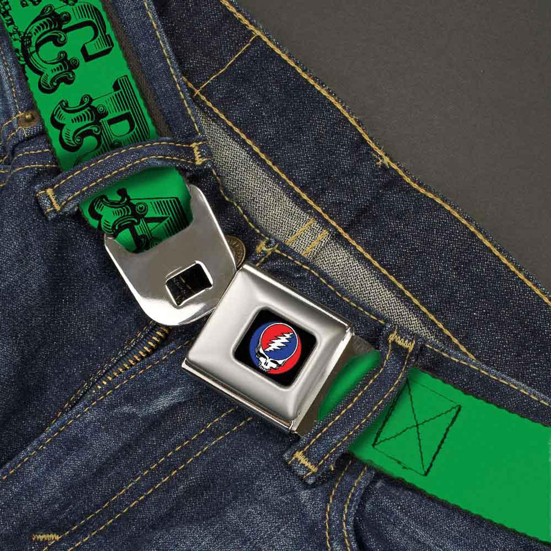 Grateful Dead Text With Skull & Roses Green Seatbelt Buckle Belt
