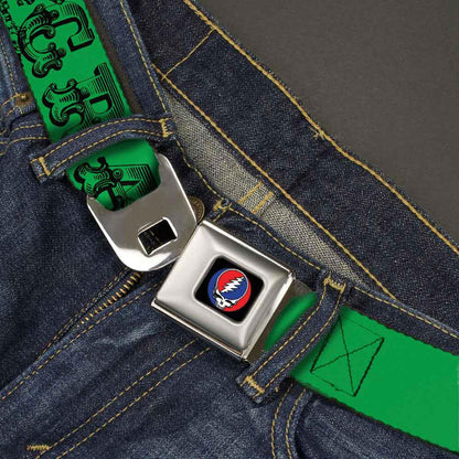 Grateful Dead Text With Skull & Roses Green Seatbelt Buckle Belt
