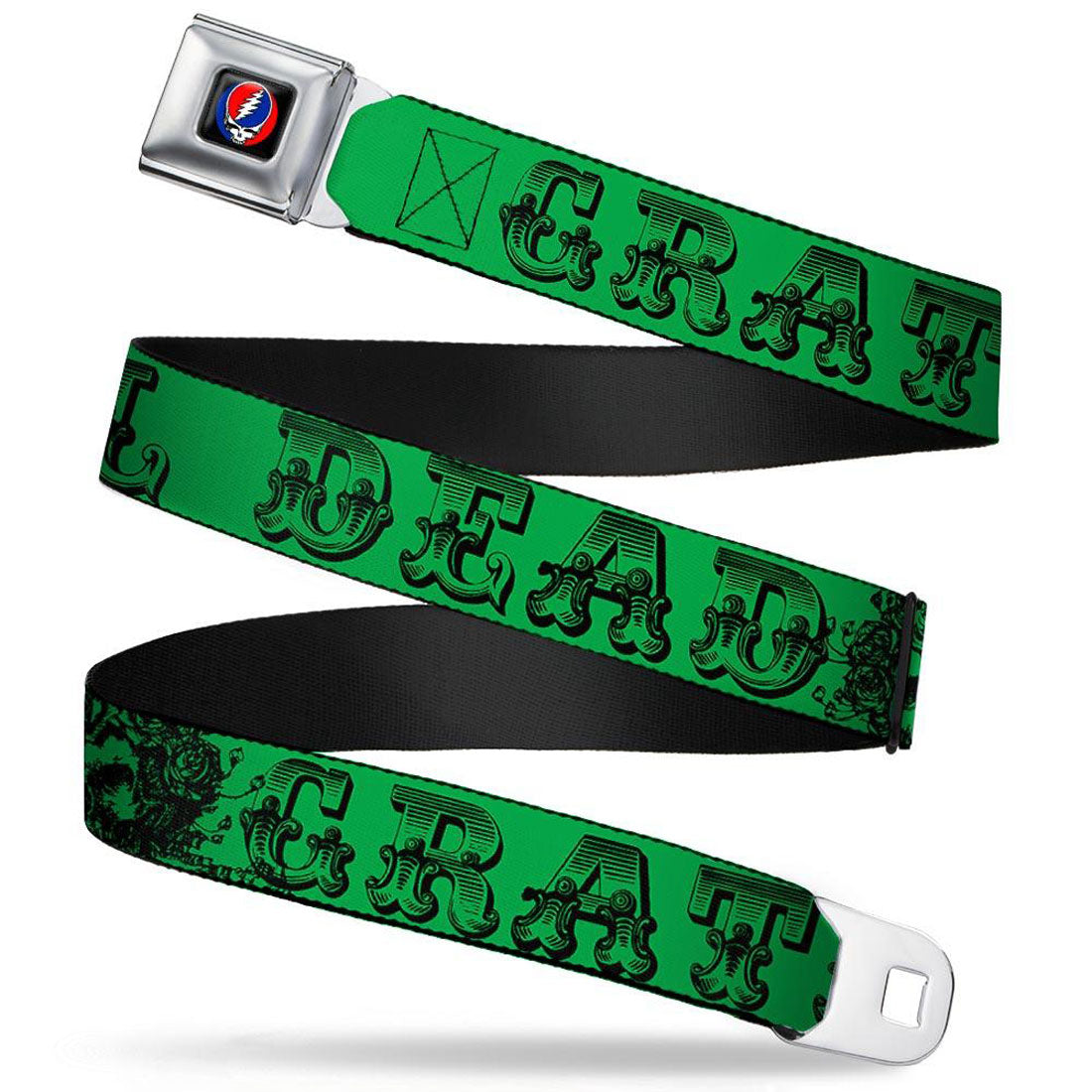 Grateful Dead Text With Skull & Roses Green Seatbelt Buckle Belt